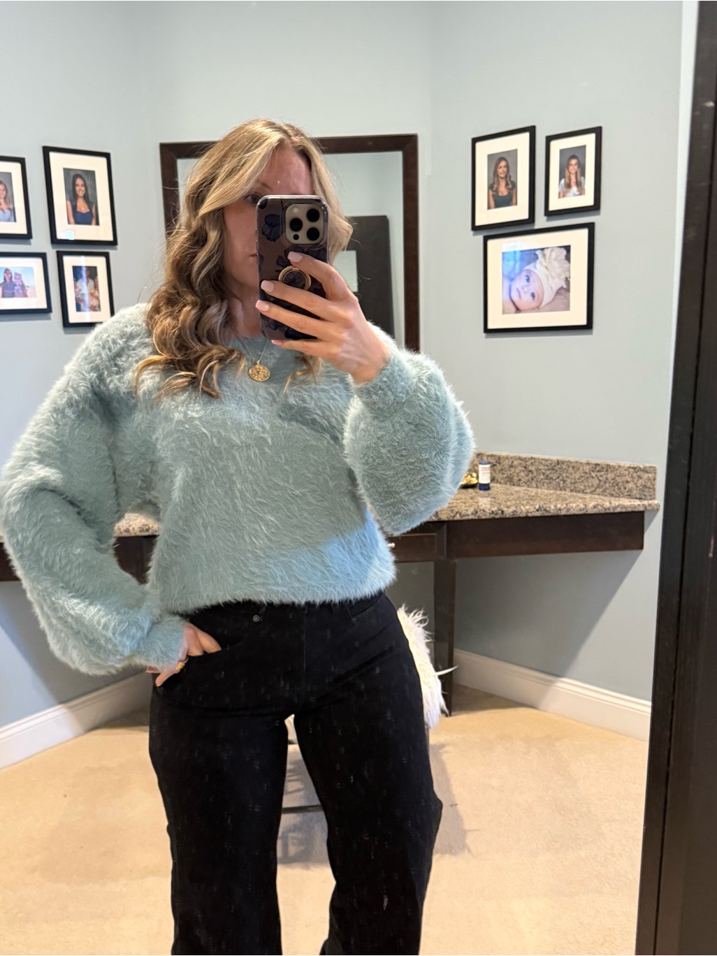 Fuzzy Crewneck Sweater In Soft Aqua Size Medium